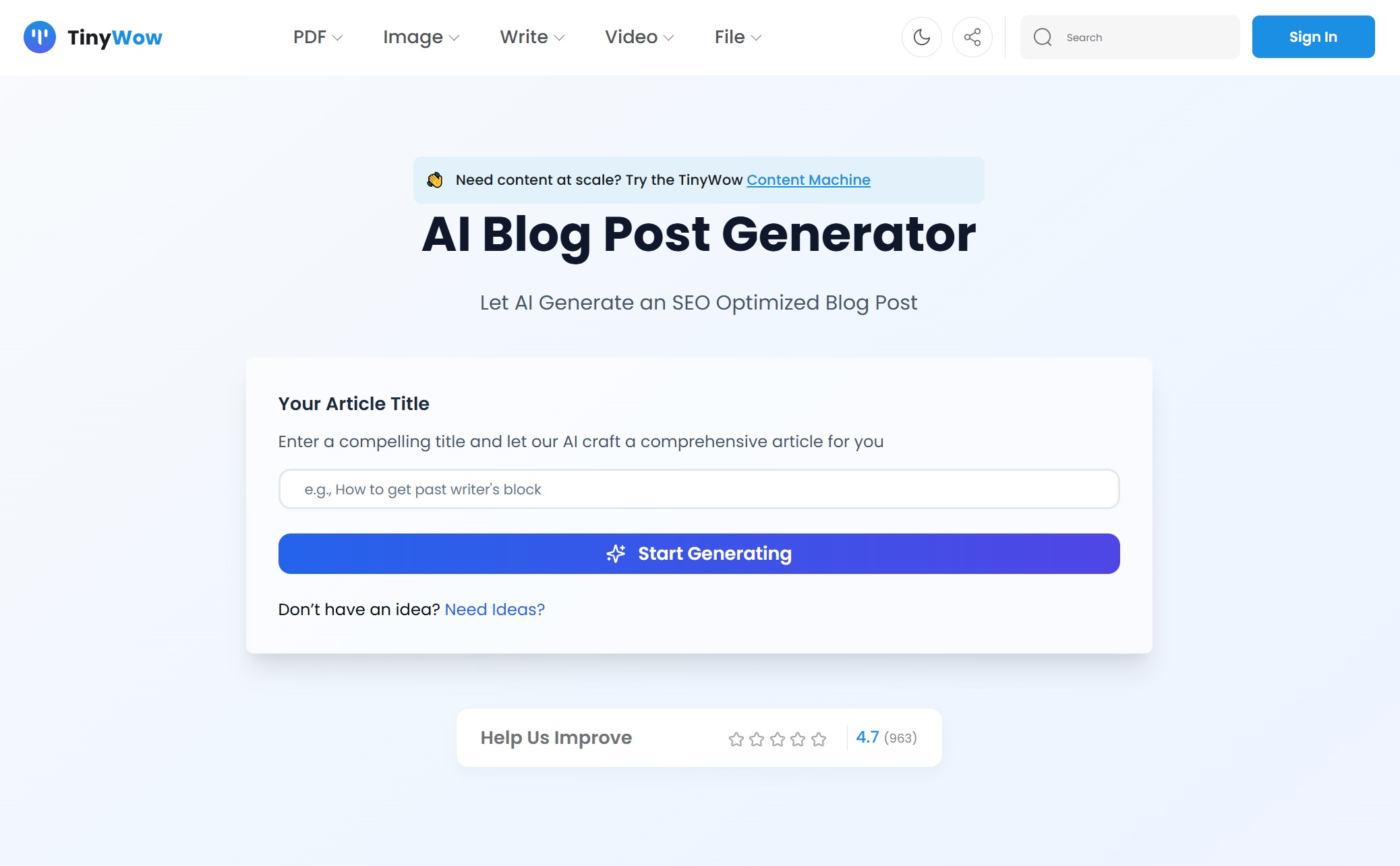 tinywow AI Blog Post Generator