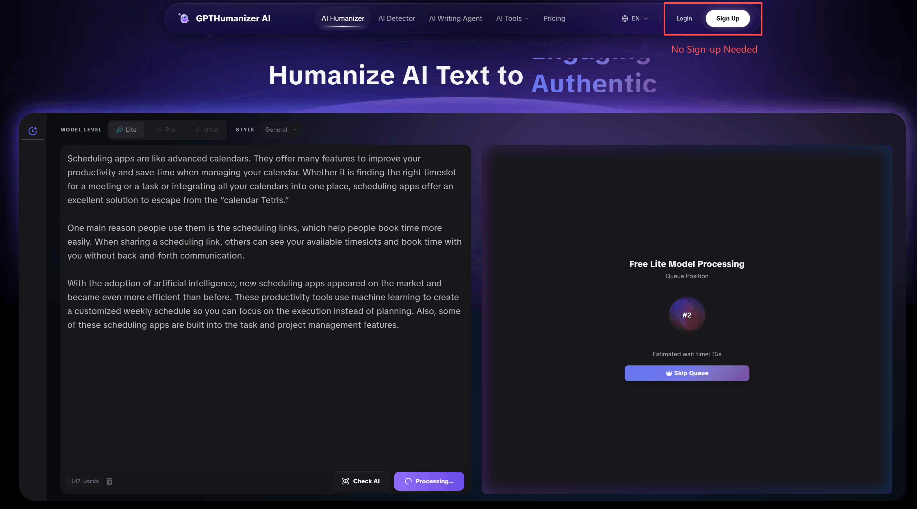 GPTHumanizer AI lets users test the free Lite model without creating an account first