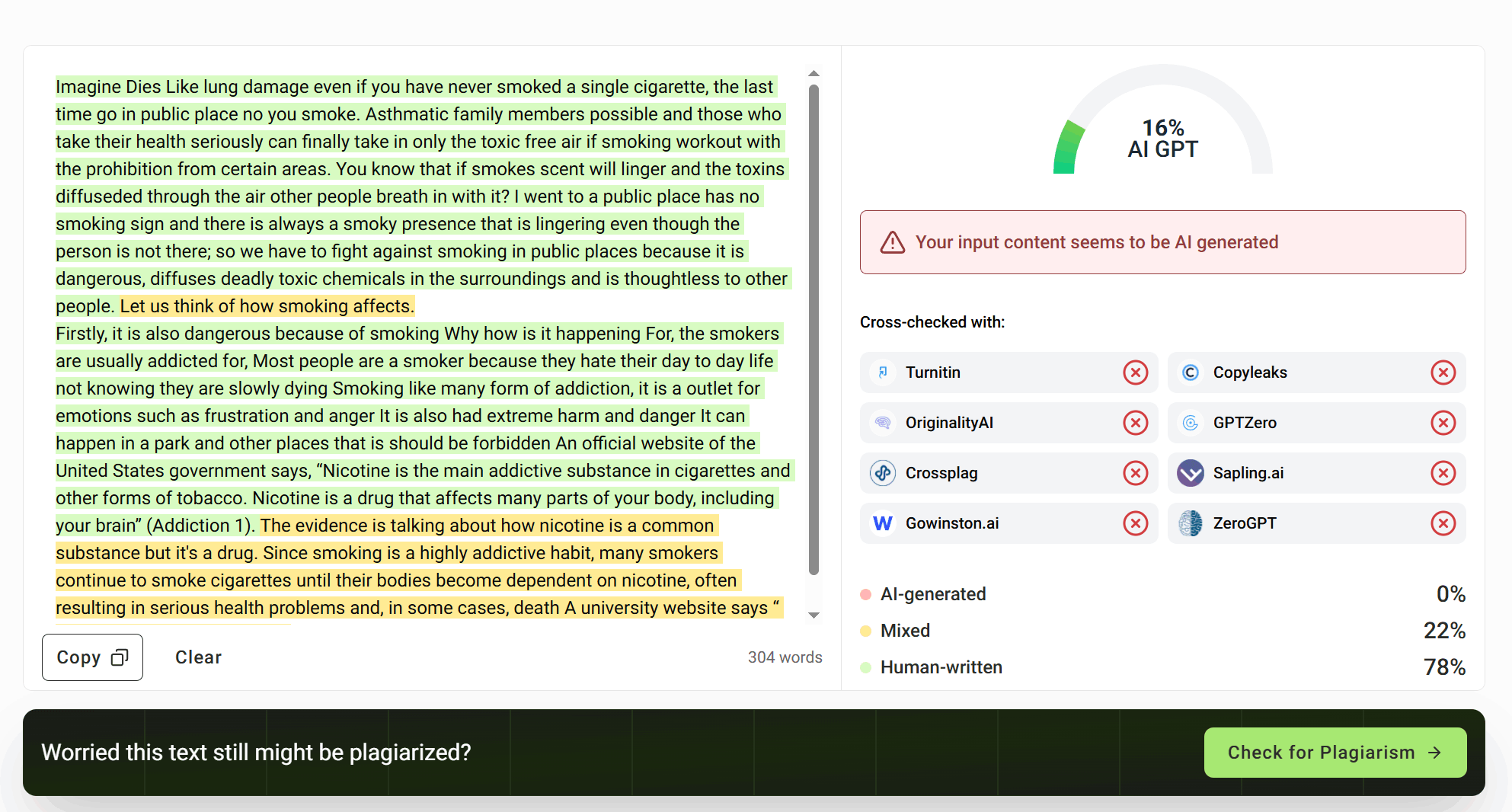GPTinf mark Human Writing sample as 16% AI