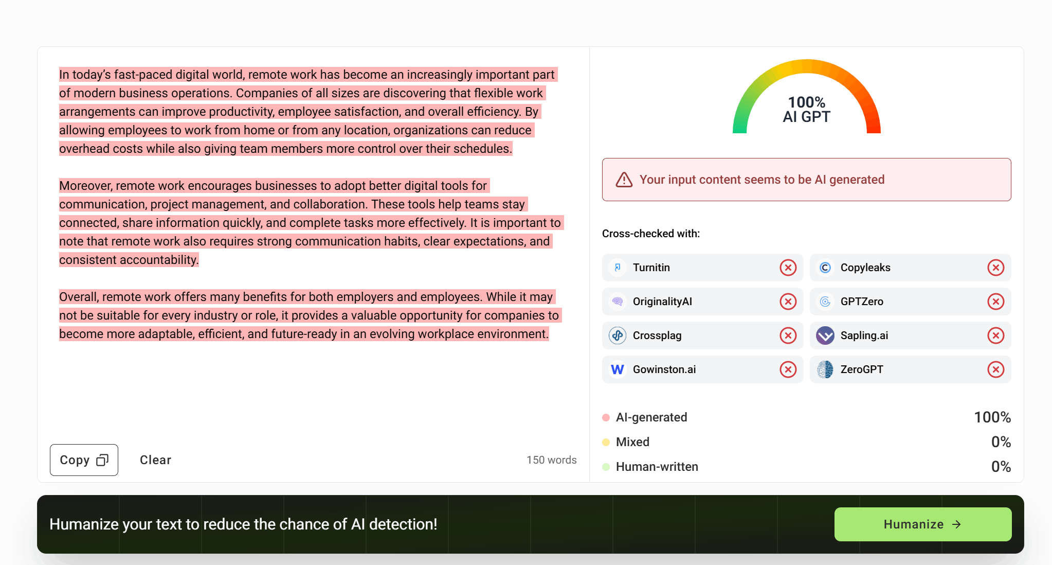 GPTinf mark Obvious AI Text sample as 100% AI