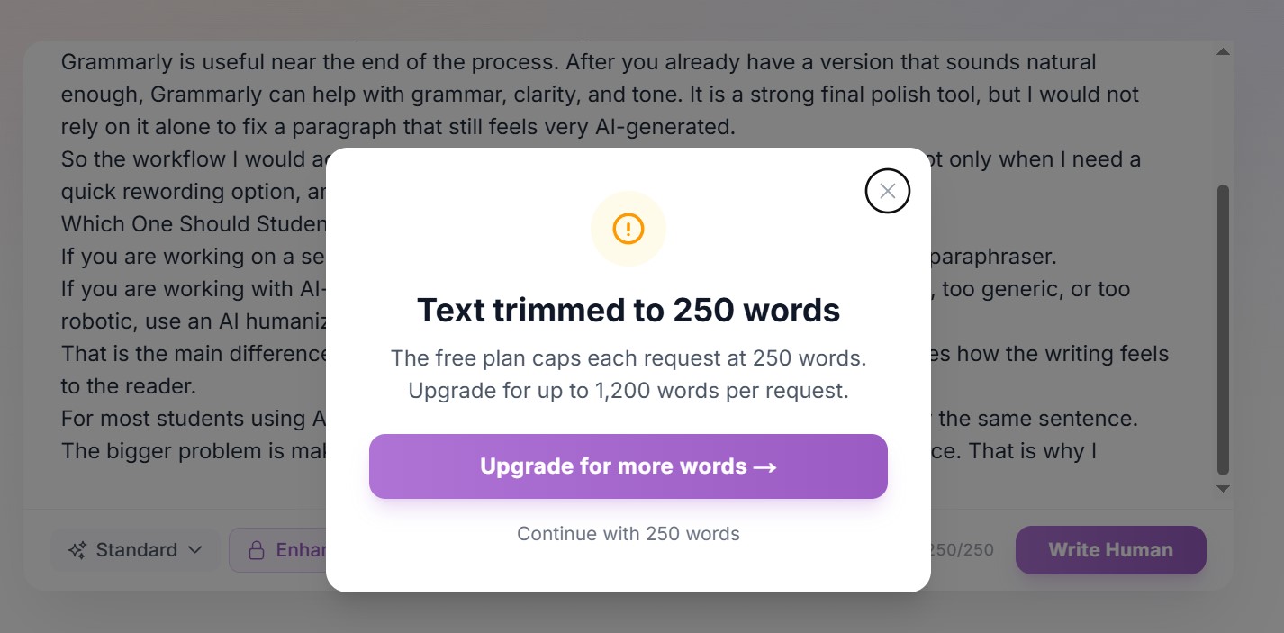 writehuman free plan maximun input 250 words