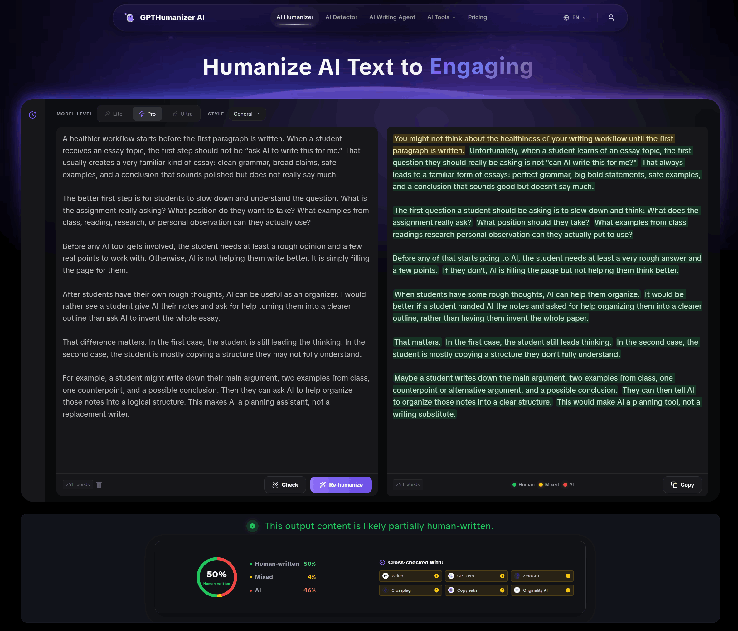 A screenshot from GPTHumanizer AI humanizer