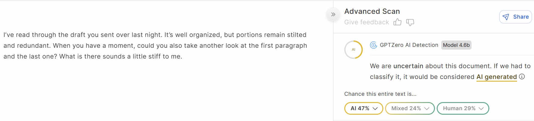 gptzero result of ghost ai